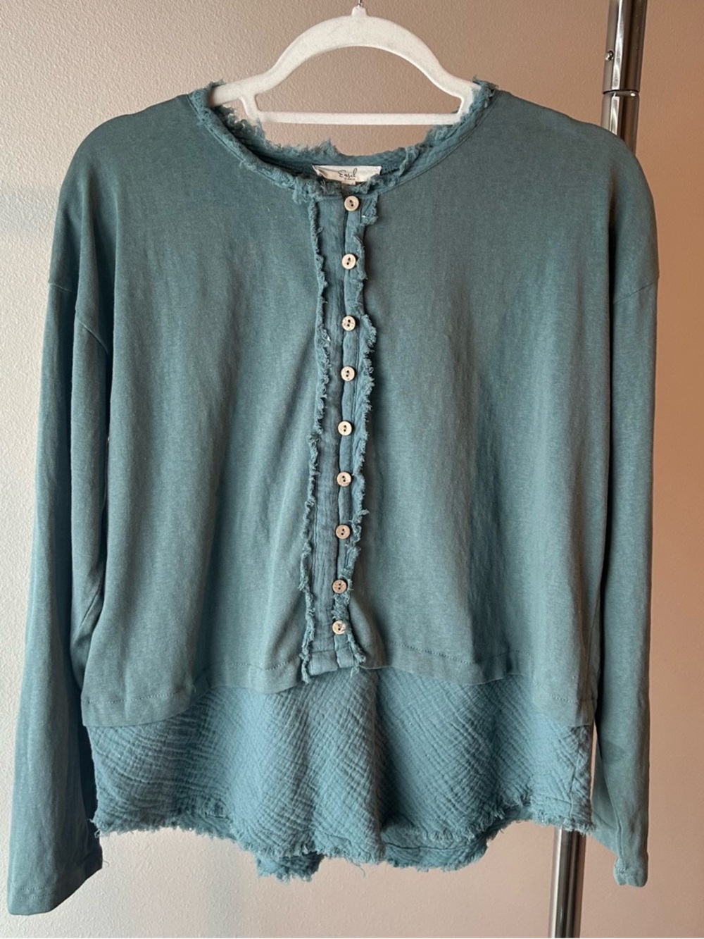 Easel Los Angeles Size Small Henley Top Long Sleeves, mixed media Teal Green GUC